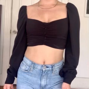 Black Back Zip Long Sleeve Crop Blouse